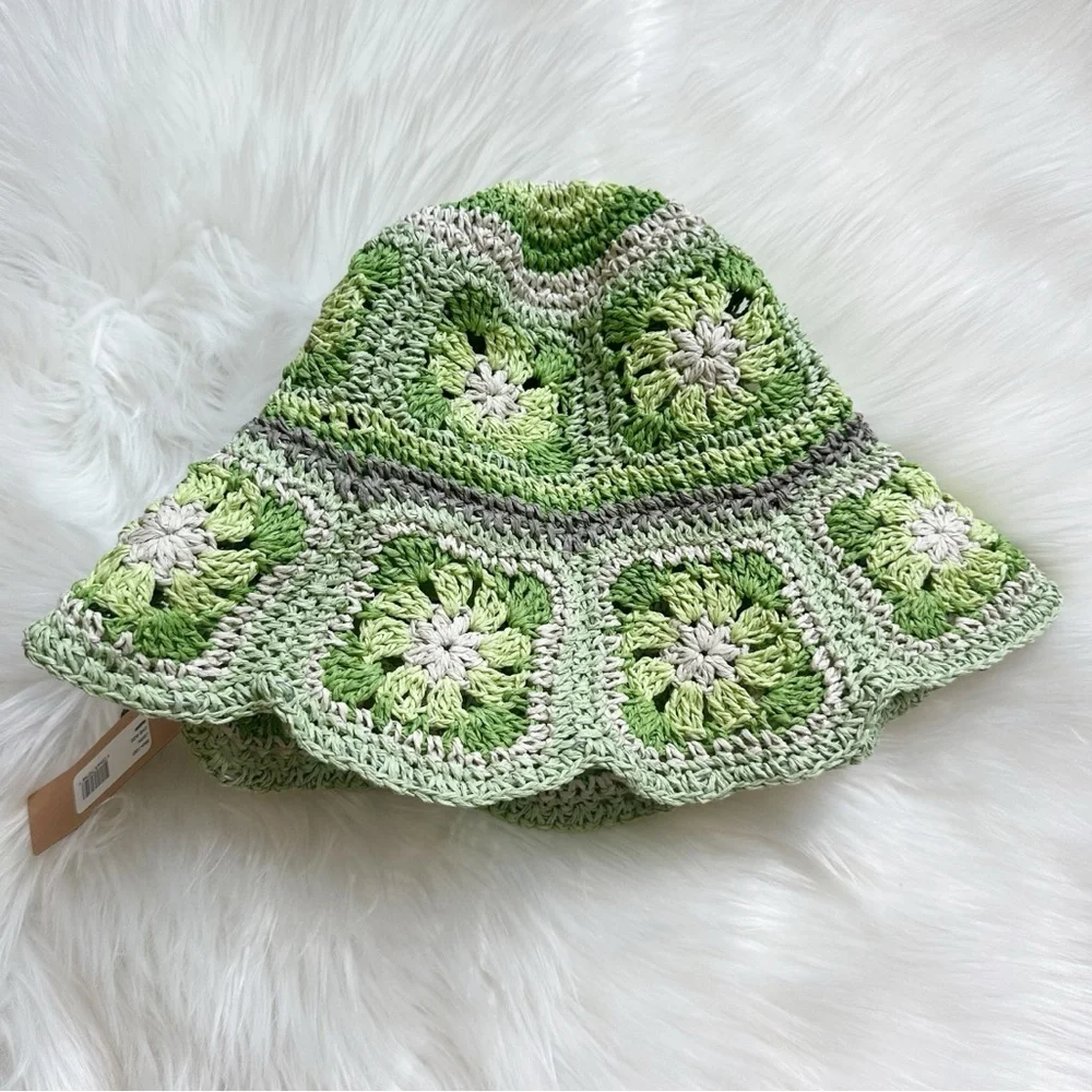 Steve Madden Crochet‎ Floral Paper Straw Granny Square Bucket Hat Lime Green